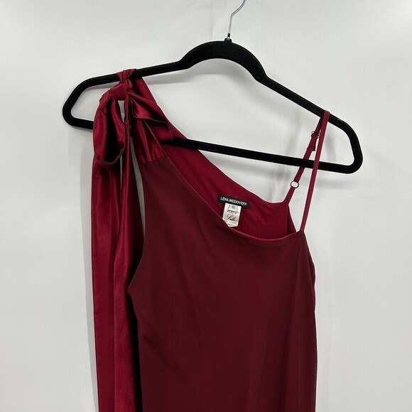 LENA MEDOYEFF Red 100% Silk Bow Shoulder Spaghetti Strap Maxi Gown Dress Small - Picture 3 of 5